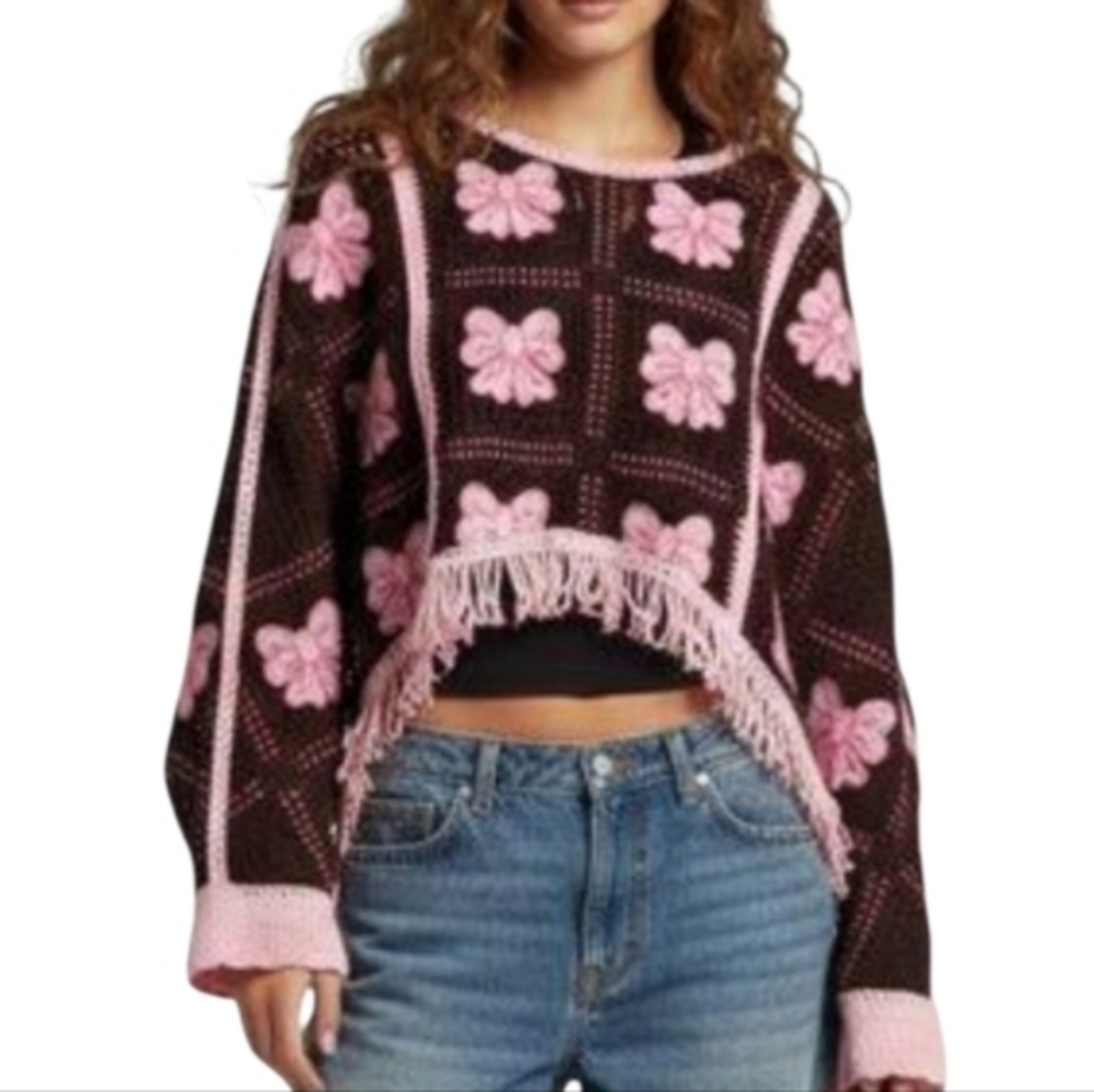 House Of Harlow 1960 Pink & Brown Big Bow Crochet Coverup Sweater One Size New